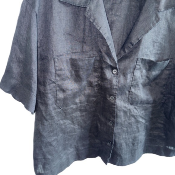 H&M Linen Black Crop Boxy Short Sleeve Shirt Sz XL Vacation Beach - Picture 8 of 13